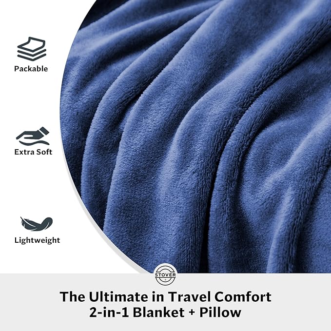 STOVER 2-in-1 Combo Airplane Travel Blanket & Pillow Bag- Lightweight, Compact, Packable, Warm Premium Fleece Set for Long Flights- w/Luggage Sleeve & Backpack Clip- for Men, Women & Families (Blue)