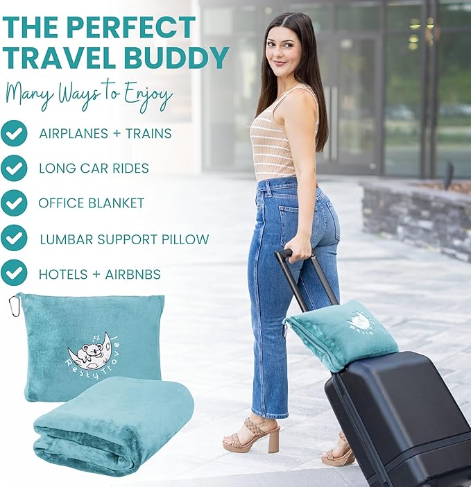 Resty Travel Blanket - Compact Airplane Blanket with Bag - Small and Lightweight Traveling Blanket & Pillow - Portable Blankets with Carabiner for Easy Transport - Plane Train Car (Baby Blue)