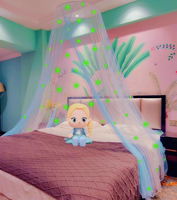 Eimilaly Two-Tone Bed Canopy Glow in The Dark White Blue, Mosquito Net Bed Canopy for Girls Room Decor, Single Door