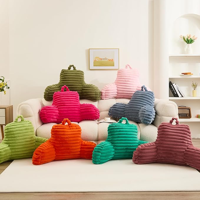 WERDIM Reading Pillow for Sitting in Bed, Faux Fur Back Pillow for Bed Rest, Bed Chair Pillow with Arms and Pockets(Standard, Orange)