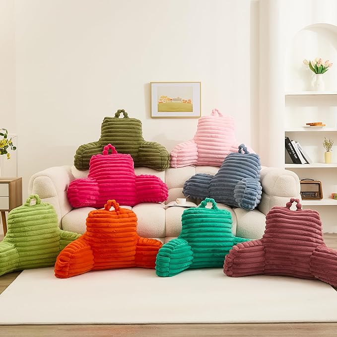 WERDIM Reading Pillow for Sitting in Bed, Faux Fur Back Pillow for Bed Rest, Bed Chair Pillow with Arms and Pockets(Standard, Sage)