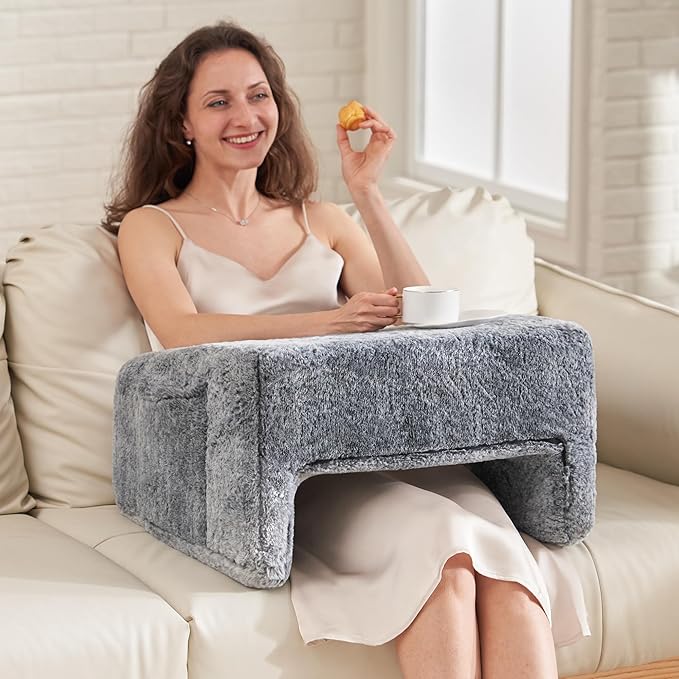 Homguava Reading Pillow Memory Lap Desk Foam Pillow for Adults Gaming Pillow Arm Rest Pillow for Reading, Crocheting, Gaming or Sitting in Bed (Furry Grey, Medium)