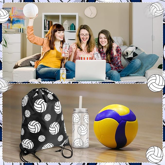 20 Pack Volleyball Cups with Lid and Straw 14.2 oz Reusable Tumbler Clear Plastic Drinking Cups with 20 Pack Drawstring Bag for Birthday School Sport Decorations Party Supplies