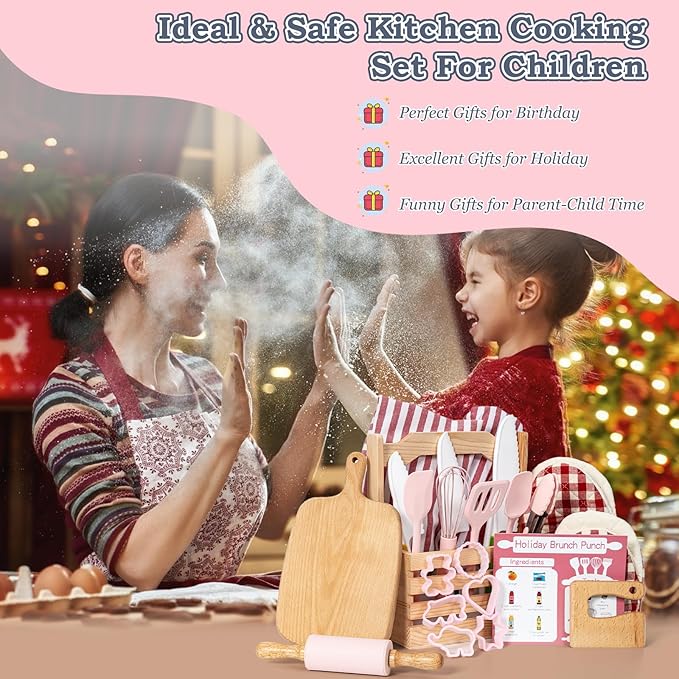 Kids Baking & Cooking Set, 16 Pcs Pink Toddler Baking Set for Real Food Making with Storage Case, Kids Real Cooking Kitchen Set for Junior Chef with Kids Apron & Hat, Kids Kitchen Utensils for Girls