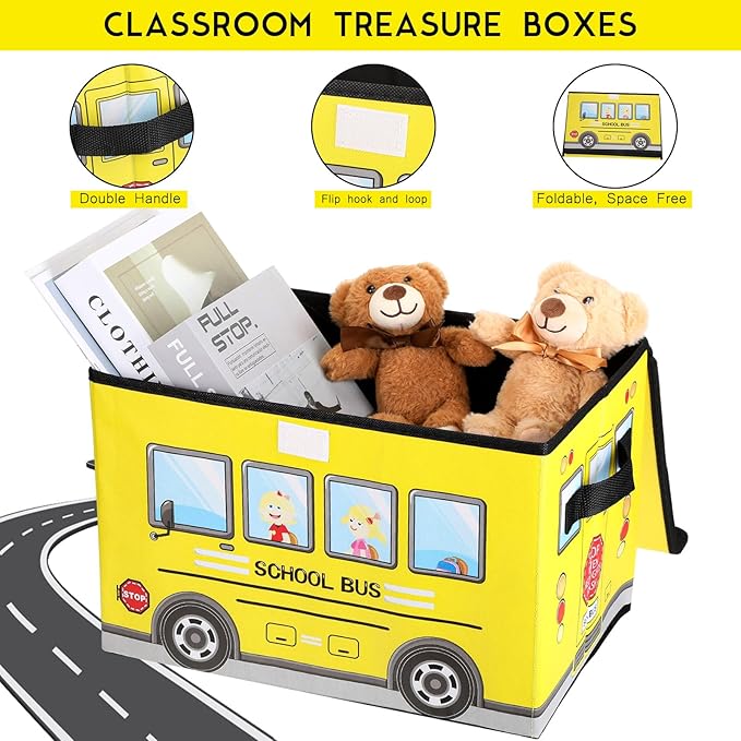 4 Pcs Prize Box for Classroom, School Bus Treasure Box Kids Foldable Chest Storage Box Kids Toy Chest with Lid Treasure Storage Organizer Bin for Kids Teachers Toy Prizes Awards for Students