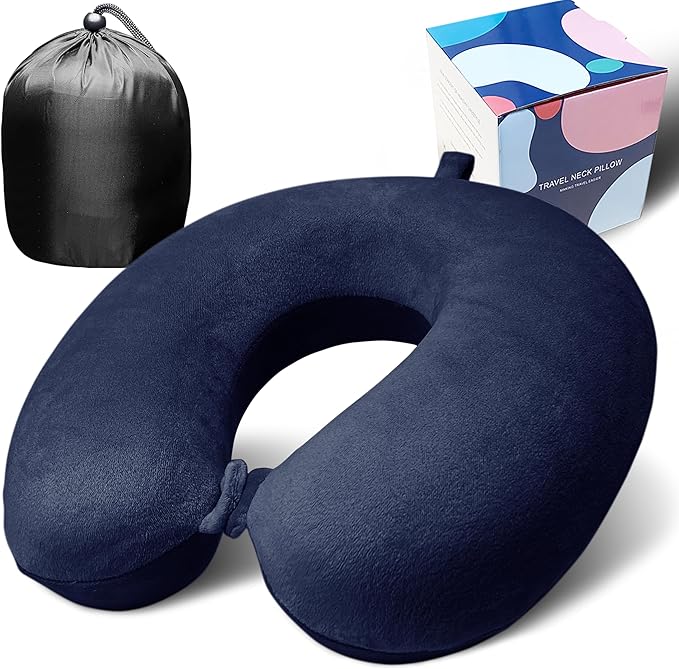 Neck Pillow for Airplane Travel, 100% Pure Memory Foam Travel Neck Pillow for Sleeping & Travel Essentials for Neck Rest, Dark Blue, Pack with Box