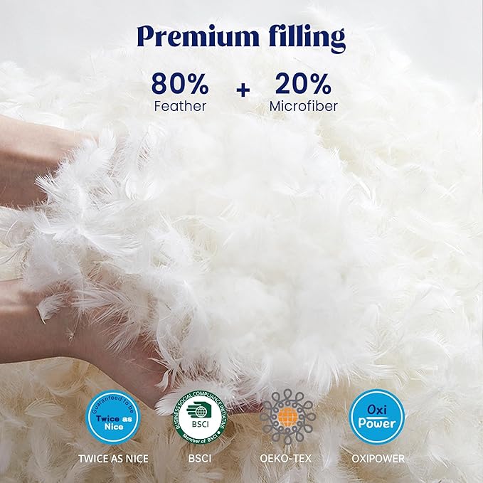 puredown® Feather Pillows with 100% Cotton Cover, Set of 2 Gusseted Bed Pillows with Silver Piping for Sleeping, Standard Size