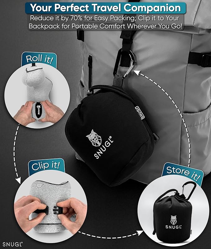 SNUGL Neck Travel Pillow - Memory Foam Airplane Pillow - Flight Pillow | Neck Support Travel Pillow with Carry Bag & Clip | Neck Pillows for Sleeping Travel Plane | Flying Travel Essentials - Grey