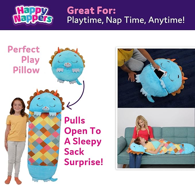 Happy Nappers Pillow & Sleepy Sack Large Triceratratops Comfy, Cozy, Compact, Super Soft, Warm, All Season, Sleeping Bag with Pillow