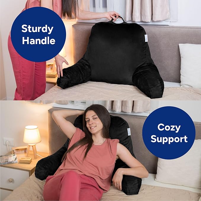 ComfortSpa Reading Pillow for Bed Adult Size, Back Rest Pillow with Arms, Pockets and Washable Cover; Use as Bed Pillows for Sitting Up in Bed for Bedrest or Relief from GERD Heartburn (X-Large Black)