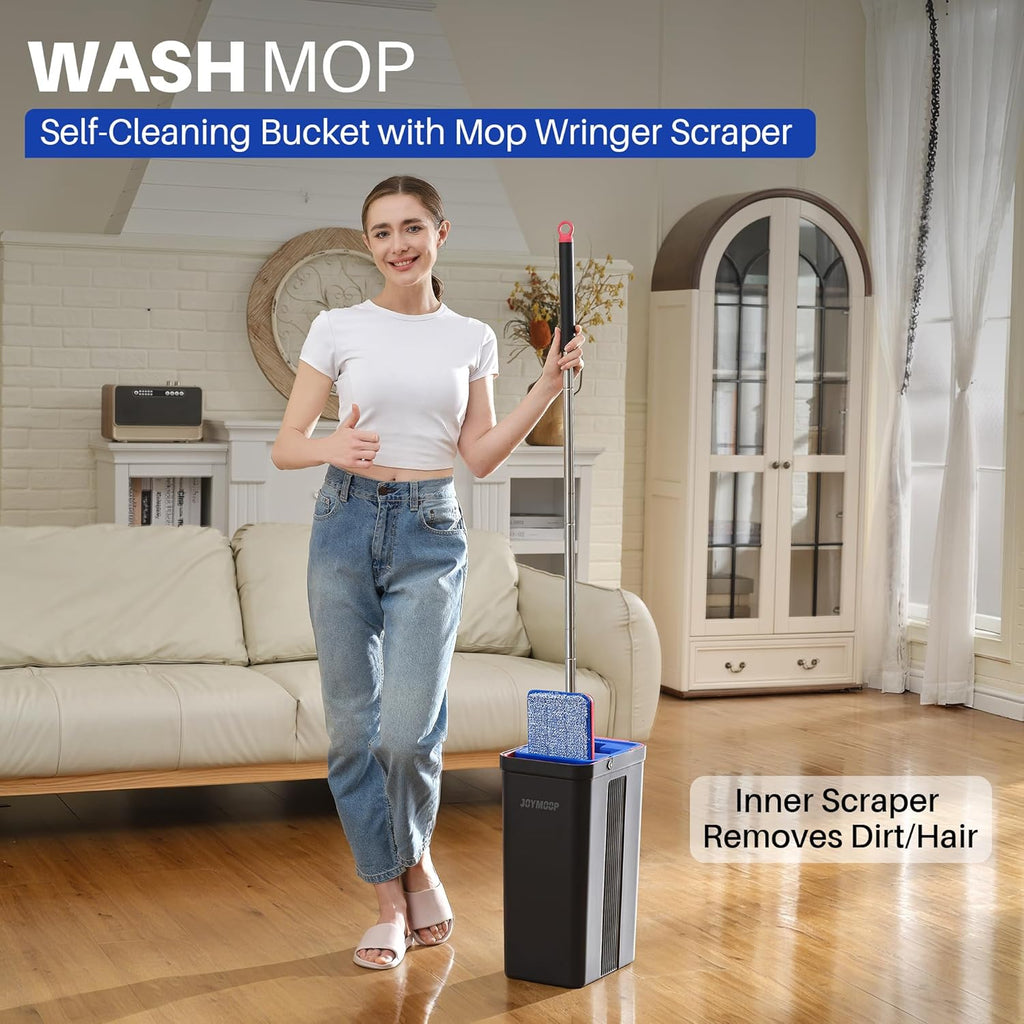 JOYMOOP Mop and Bucket with Wringer Set, Hands Free Flat Floor Mop and Bucket, with 6 Washable Microfiber Pads, Wet and Dry Use, Floor Cleaning System - Black+Red+Slate Blue