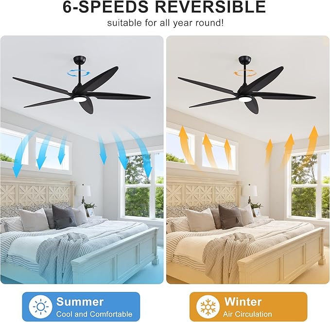64 Inch Modern Ceiling Fan with Lights and Remote, 5 Wood Blades, 6-Speed Noiseless Reversible DC Motor with Replaceable Downrods for Bedroom Living Room Dining Room, Black