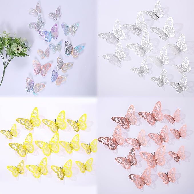 3D Butterfly Wall Decor 48 Pcs 4 Colors 3 Sizes,Gold Silver Laser Rose Butterfly Decorations for Butterfly Birthday Decorations Butterfly Party Decorations Cake Decorations,Removable Sticker (Style-G)