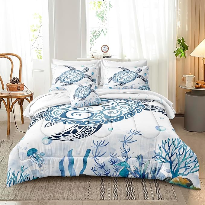 Bedbay Sea Turtle Comforter Set Coastal Bedding Set Turtle Printed 4 Pcs Beach Bedding Quilt Set Coral Blue Underwater World Duvet Set Girls Teen Sealife Ocean Comforter Bedroom Decor(Coral,Queen)