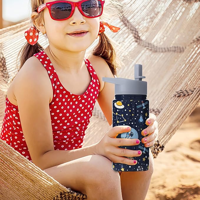 15oz Space Insulated Stainless Steel Water Bottle With Straw & Brush, Christmas Birthday Gifts for School - Hand Wash Only