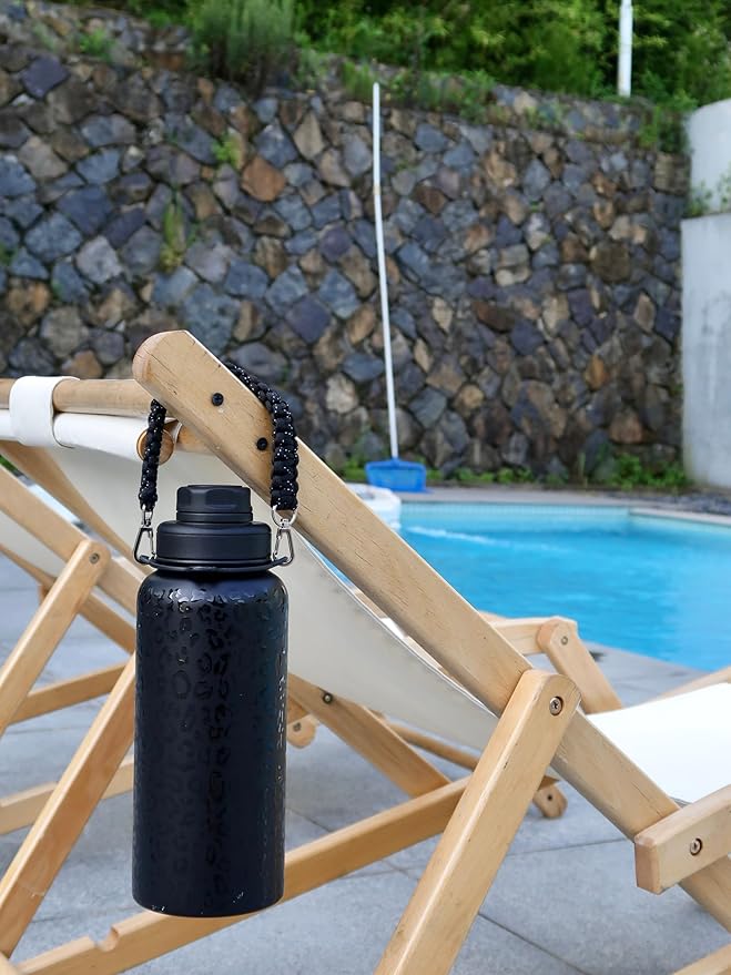 32oz Insulated Water Bottle with Paracord Handles & Strap, 2 Lids(Straw Lid&Spout Lid), Stainless Steel Reusable Wide Mouth Metal Water Bottle With Straw, Double Walled, Thermo Mug（Black Leoqard)