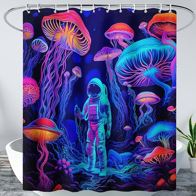 AILONEN Magic Mushroom Shower Curtain,Cartoon Astronaut Shower Curtain Set for Bathroom,Boho Style Jellyfish Waterproof Fabric Bath Curtain for Kids Girls Boys, 72" W*96" H