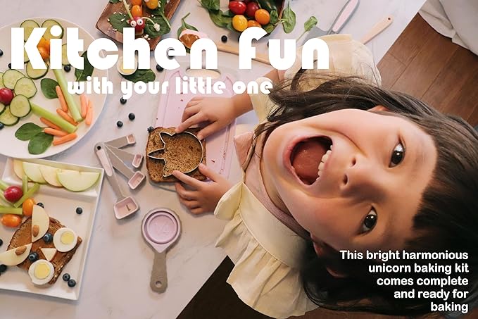 Unicorn Kids Baking Set with storage case, real working utensils, cookie cutters, and baking supplies, beautiful unicorn apron for kids