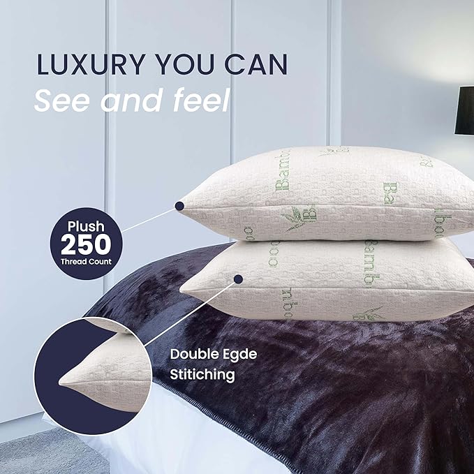 Queen Size Bamboo Pillow for Sleeping with Plush Fiber Fill Pillow Queen Size Set of 2, for Side Back Stomach Sleeper with Adjustable to Soft/Firm, Washable Cover, (Pack of 2)