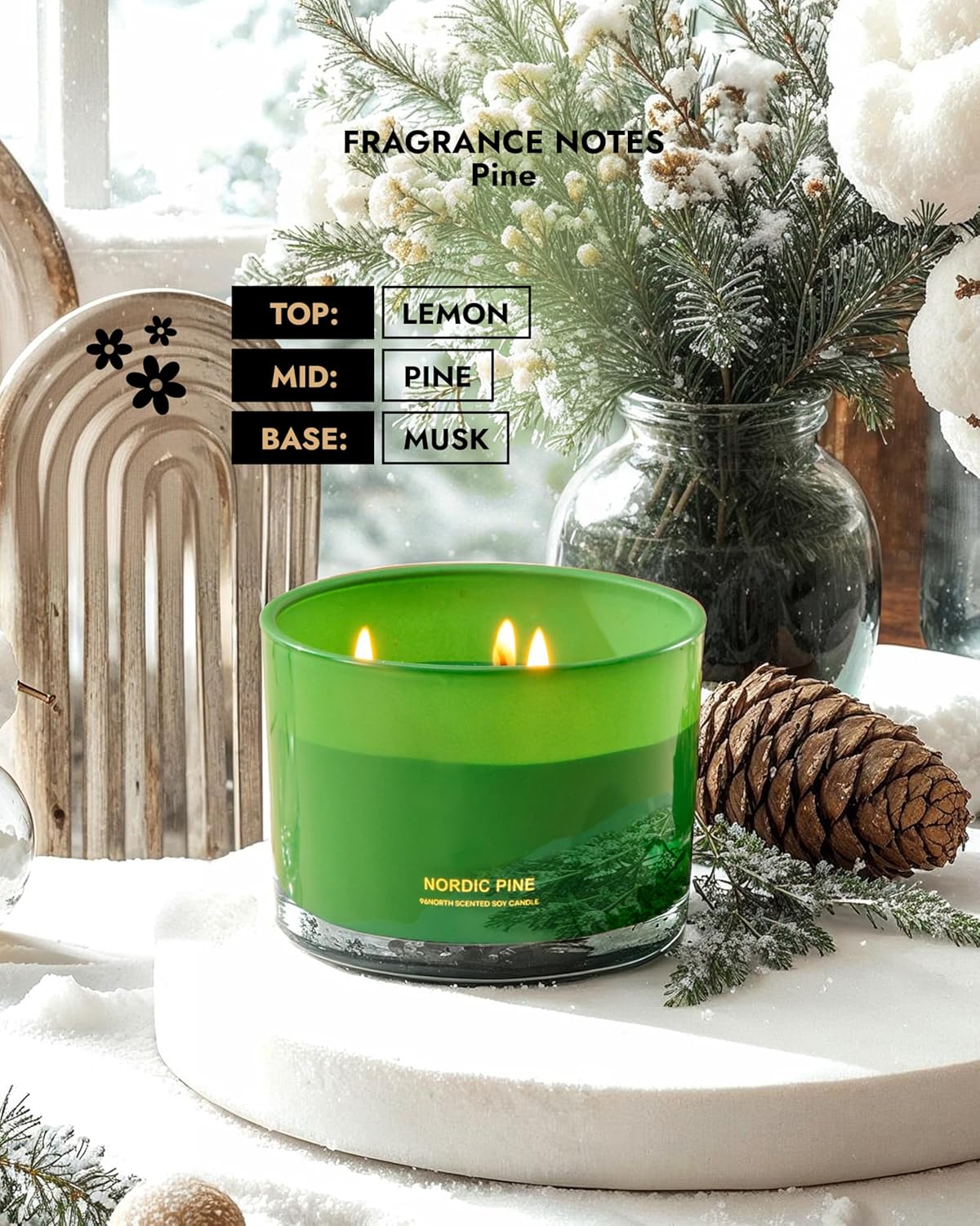 96NORTH Luxury Pine Soy Candle | Large 3 Wick Jar Candle | Up to 40 Hours Burning Time | 100% Natural Soy Wax | Relaxing Aromatherapy Aesthetic Candle