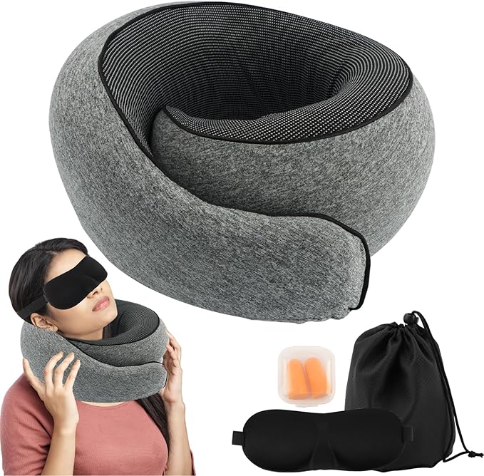 Travel Pillow Neck Pillows Pure Memory Foam Neck Pillow with 3D Eye Masks and Earplugs 360° Adjustable Full Surrounding Neck Pillows for Airplanes, Cars, Offices (Grey)