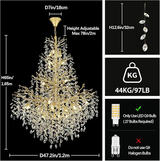 H65'' Gold Crystal High Ceilings Chandeliers Staircase Chandeliers Modern Crystal Tree Branch Chandelier, D48'' Foyer Chandelier for High Ceiling Luxury Large Living Room Chandelier, 27-Lights