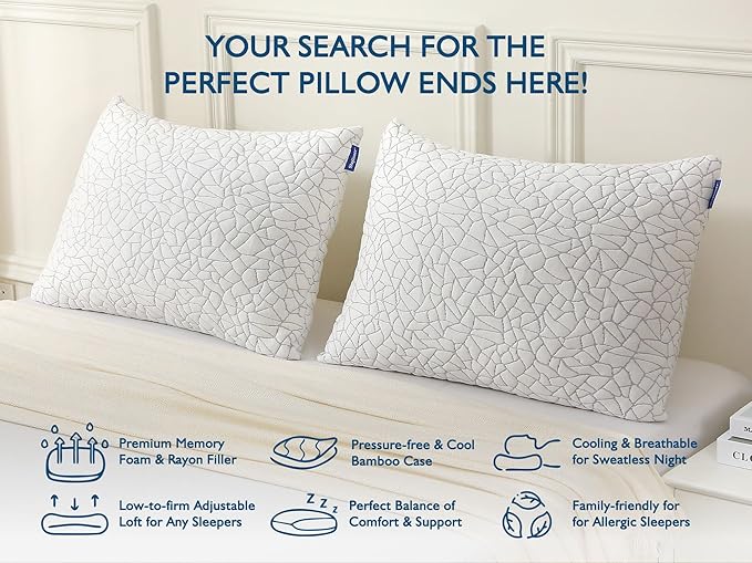Dafinner Memory Foam Pillows King Size Set of 2 | Adjustable Stomach, Back or Side Sleeper Pillow | Soft Cooling Bamboo Rayon Cover, Original Shredded Memory Foam Pillows Inserts 2 Pack, 20"x36"