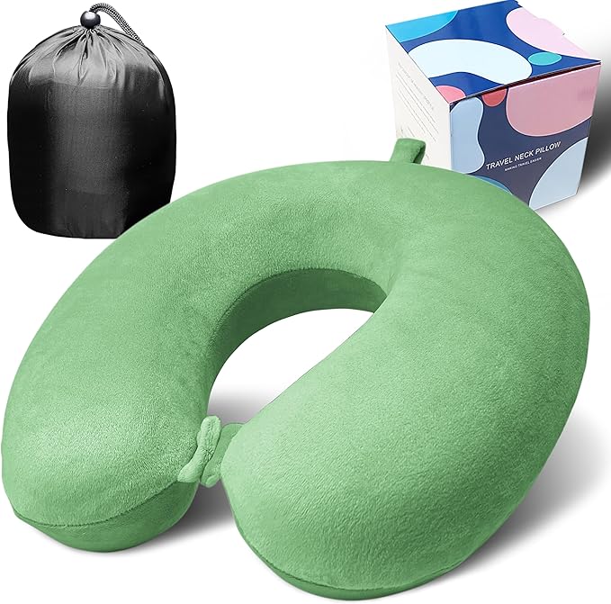 Neck Pillow for Airplane Travel, 100% Pure Memory Foam Travel Neck Pillow for Sleeping & Travel Essentials for Neck Rest, Green, Pack with Box