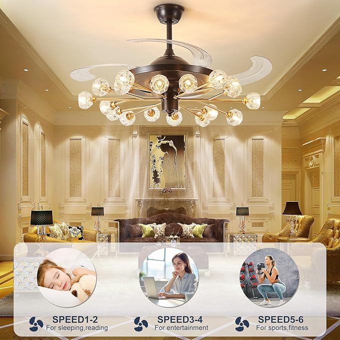 Sputnik Fandelier Ceiling Fan: 48" Gold Chandelier with Fan and Remote for Living Room - 18 Lights Black Fandelier for Bedroom - Retractable Crystal Ceiling Fans with Lights Farmhouse