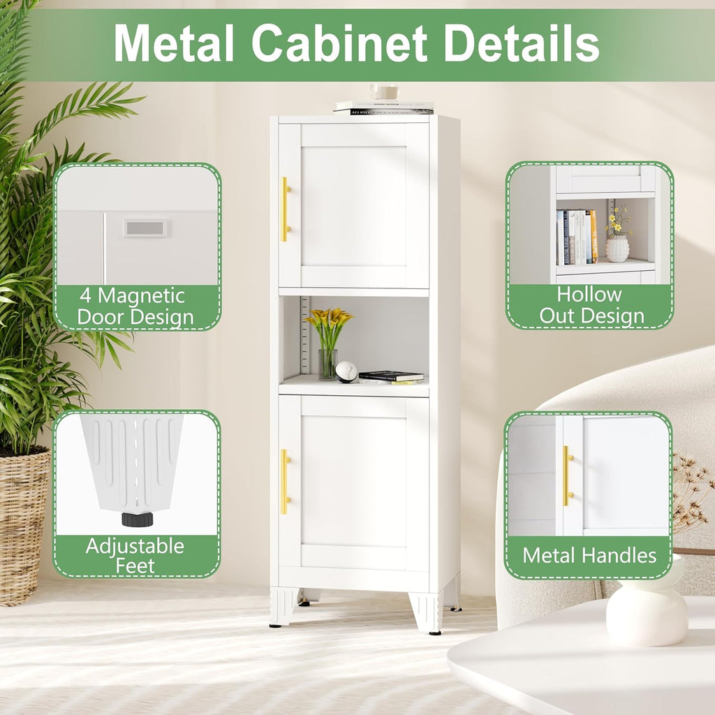 47.24" H Metal Narrow Bathroom Storage Cabinet Pantry Storage Cabinet, 2 Adjustable Shelves for Kitchen, Home Office, Living Room, Dinning Room (White)