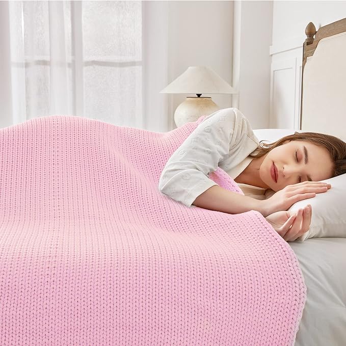 Knitted Weighted Blanket(Pink 60"x80" 20lbs),Home Décor Cooling Throw Blanket for Hot Sleepers,Hand Made Chunky Knit Heavy Blanket for Adults Use on Queen/King Size Bed