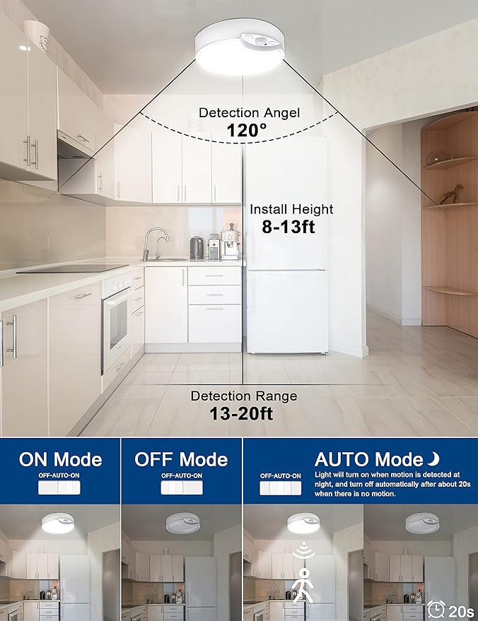 Battery Operated Motion Sensor Ceiling Light Indoor, LED Fixture Wireless Wall Light with Remote Control Brightness Dimmable Timer Setting Daylight for Closet Garage Shed, 2 Pack