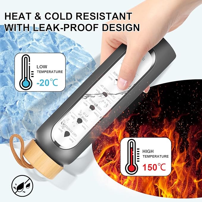 32 Oz Borosilicate Glass Water Bottle with Times to Drink | BPA Free - Reusable Wide Mouth Glass Motivational Water Bottles with Infuser & Silicone Sleeve (gray)