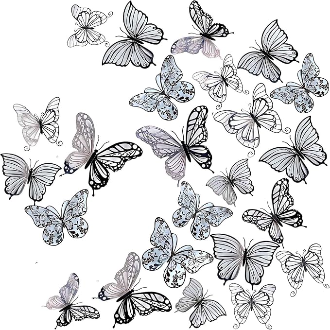 3D Butterfly Wall Decor 3 Sizes 4 Styles, Kurilai 48Pcs Butterfly Decorations Party Birthday Cake Decoration, Removable Wall Stickers for Kids Nursery Wedding Bedroom Room Decor (Black)