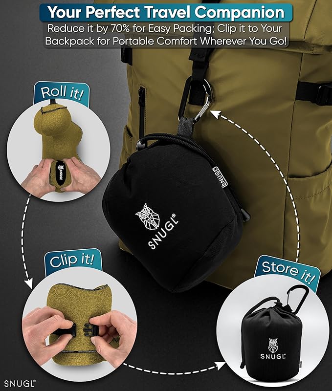 SNUGL Neck Travel Pillow - Memory Foam Airplane Pillow - Flight Pillow | Neck Support Travel Pillow with Carry Bag & Clip | Neck Pillows for Sleeping Travel Plane | Flying Travel Essentials - D.Yellow