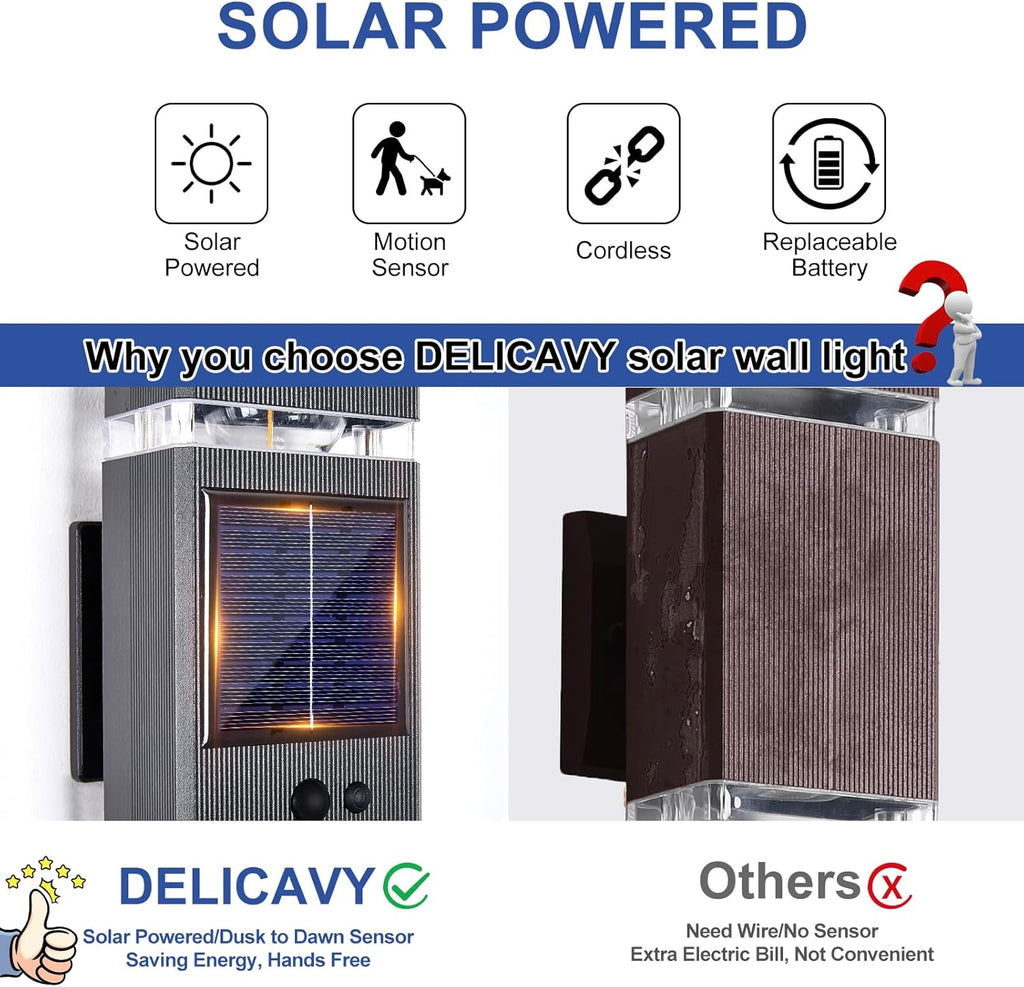2 Pack Solar Outdoor Wall Lights with 3-Mode Motion Sensor Outside Sconces Up Down Solar Porch Light Fixtures 3000K 500LM Dusk to Dawn Modern Exterior Wall Lamp for House Garage Front Door