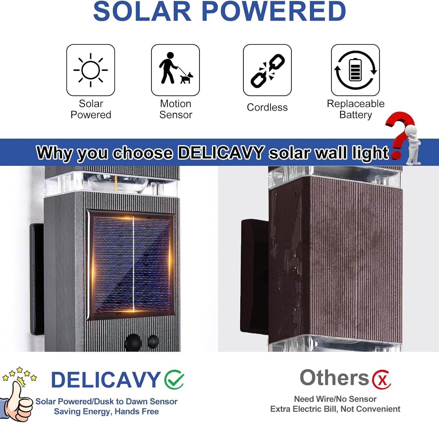 2 Pack Solar Outdoor Wall Lights with 3-Mode Motion Sensor Outside Sconces Up Down Solar Porch Light Fixtures 3000K 500LM Dusk to Dawn Modern Exterior Wall Lamp for House Garage Front Door