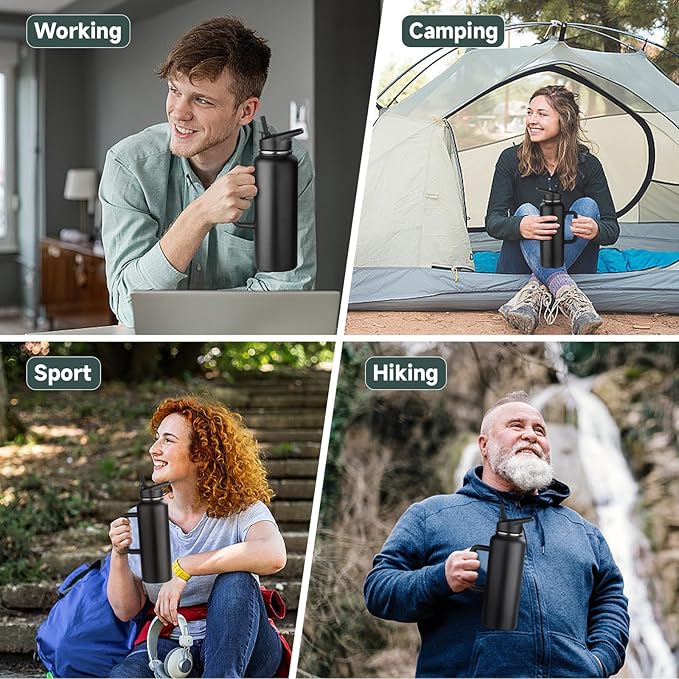 40oz Insulated Water Bottle with Handle, Stainless Steel Sports Metal Water Flask with Straw & 2 Leak Proof Lids, Double Walled Vacuum Wide Mouth Water Bottle for Travel, Camping, Gym Sports (Black)