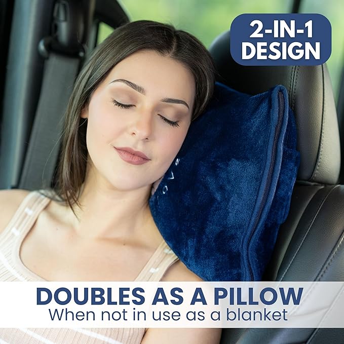 Resty Travel Blanket - Compact Airplane Blanket with Bag - Small and Lightweight Traveling Blanket & Pillow - Portable Blankets with Carabiner for Easy Transport - Plane Train Car (Navy Blue)