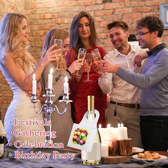 40PCS Wine Bottle Box with Window, Megitzuu Kraft Paper Wine Boxes for Gifts Hanging Wine Treat Box Mini Charcuterie Boxes Empty Champagne Bottles Gold Foil Gift Box Hanger Candy Box for Party (White)