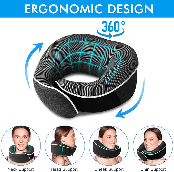 Travel Pillow,Upgraded 100% Memory Foam Neck Pillow for Traveling,Ergonomic Design Soft Best Flight Pillow,Neck Pillow Airplane Kit with 3D Contoured Eye Masks,Earplugs and Luxury Bag (Dark Gray)