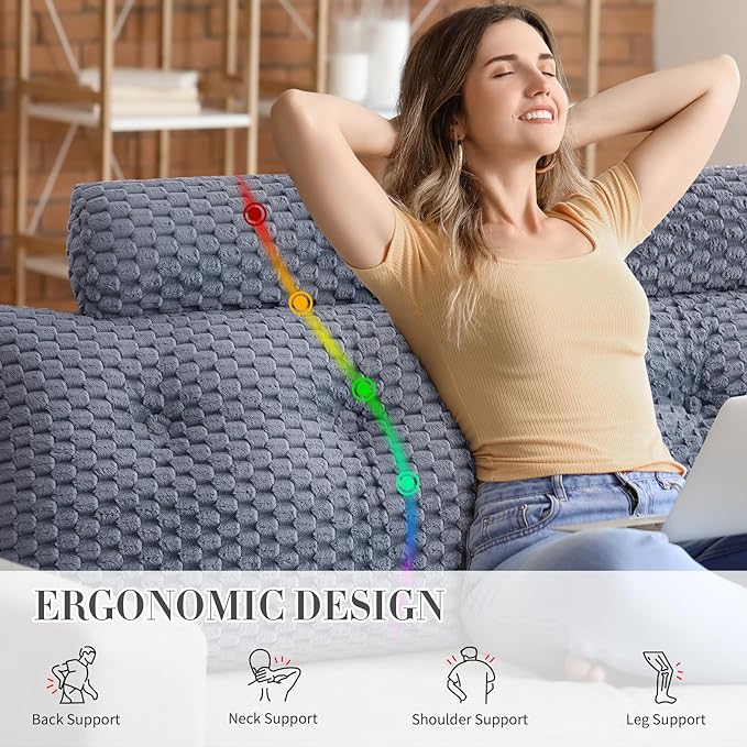 Wedge Headboard Pillow - Bed Wedge Pillow for Headboard Triangular Headboard Pillow with Neck Roll Pillow-Large Bolster Pillow for Sitting in Bed Backrest Positioning Support (Grey,76x8x20 Inches)