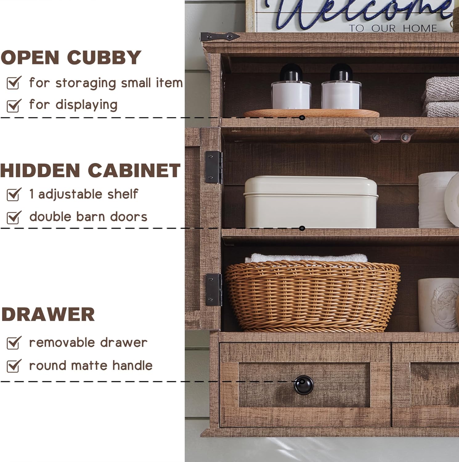 Bathroom Wall Cabinet, Farmhouse 24" Wide Medicine Cabinet with Drawer, Adjustable Shelf, Double Barn Doors, Storage Cabinets for Bathroom, Kitchen, Living Room, Rustic Brown