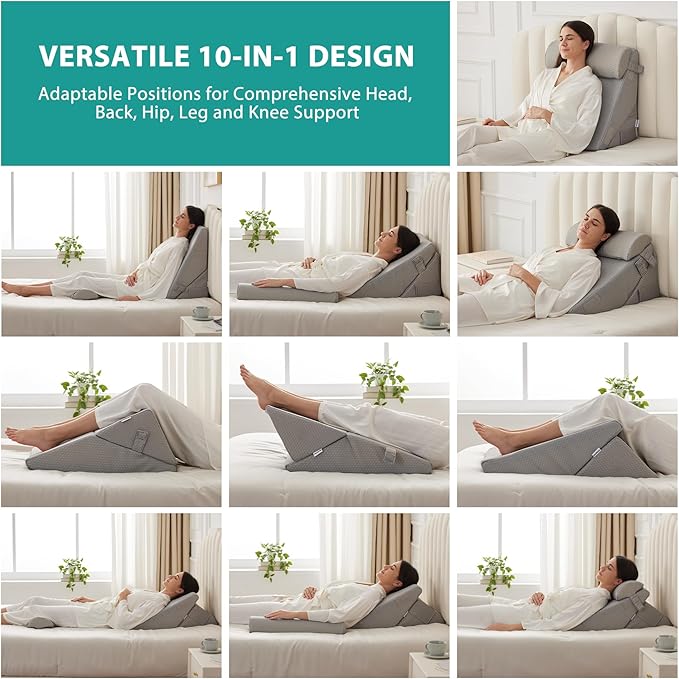 3Pcs Orthopedic Bed Wedge Pillow Set, Foam Wedge Pillow Post Surgery for Back, Leg and Knee Support, Adjustable 9&12 Inch Folding Triangle Pillow for Sleeping, Acid Reflux, Snoring, Grey