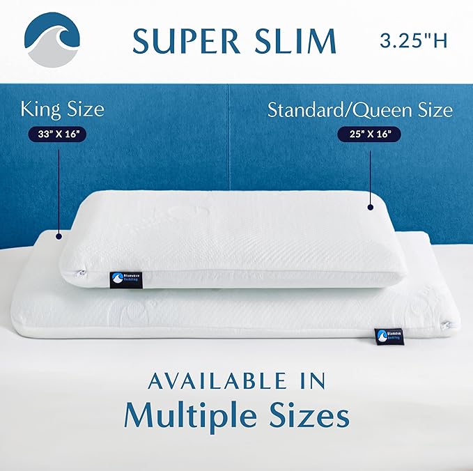 Bluewave Bedding Super Slim Gel Memory Foam Pillow for Stomach and Back Sleepers - Thin, Flat Design for Cervical Neck Alignment and Deeper Sleep (3.25-Inches Height, King Size)