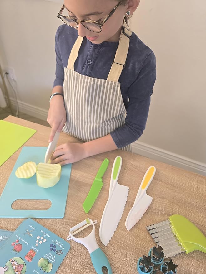 Kids Knife Set for Real Cooking - Montessori Kitchen Accessories & Visual Recipes by Tovla Jr. - Cutting Kit, Safe Knives, Cutting Board, Gloves, Peeler, Crinkle Cutter, & Recipe Booklet for Toddlers
