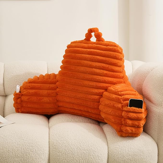 WERDIM Reading Pillow for Sitting in Bed, Faux Fur Back Pillow for Bed Rest, Bed Chair Pillow with Arms and Pockets(Large, Orange)