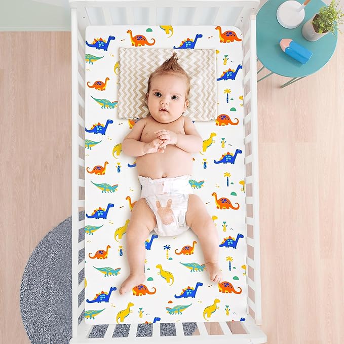 3 Pack Fitted Crib Sheets, Ultra Soft Breathable Comfortable Baby Sheet Set for Boys Girls Neutral, 28x52 Inch Fits Standard Crib and Toddler Mattresses, Dinosaur