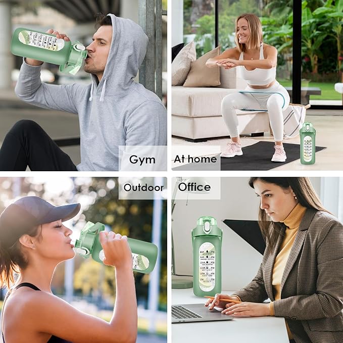 32 oz Glass Water Bottle with Time Marker - 1000ml Large Sports Motivational Water Bottles with Handle & Silicone Case, 1 Liter Leak-proof Measured Drinking Bottle for Gym Fitness Workout (Green)