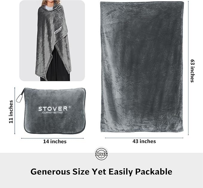 STOVER 2-in-1 Combo Airplane Travel Blanket & Pillow Bag- Lightweight, Compact, Packable, Warm Premium Fleece Set for Long Flights- w/Luggage Sleeve & Backpack Clip- for Men, Women & Families (Grey)